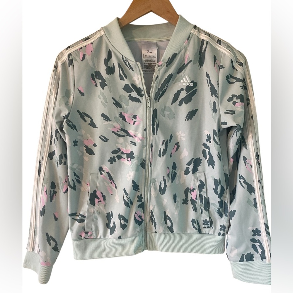 Adidas Track Jacket Girls Size X-Large (16) Full Zip Green Animal Print Active